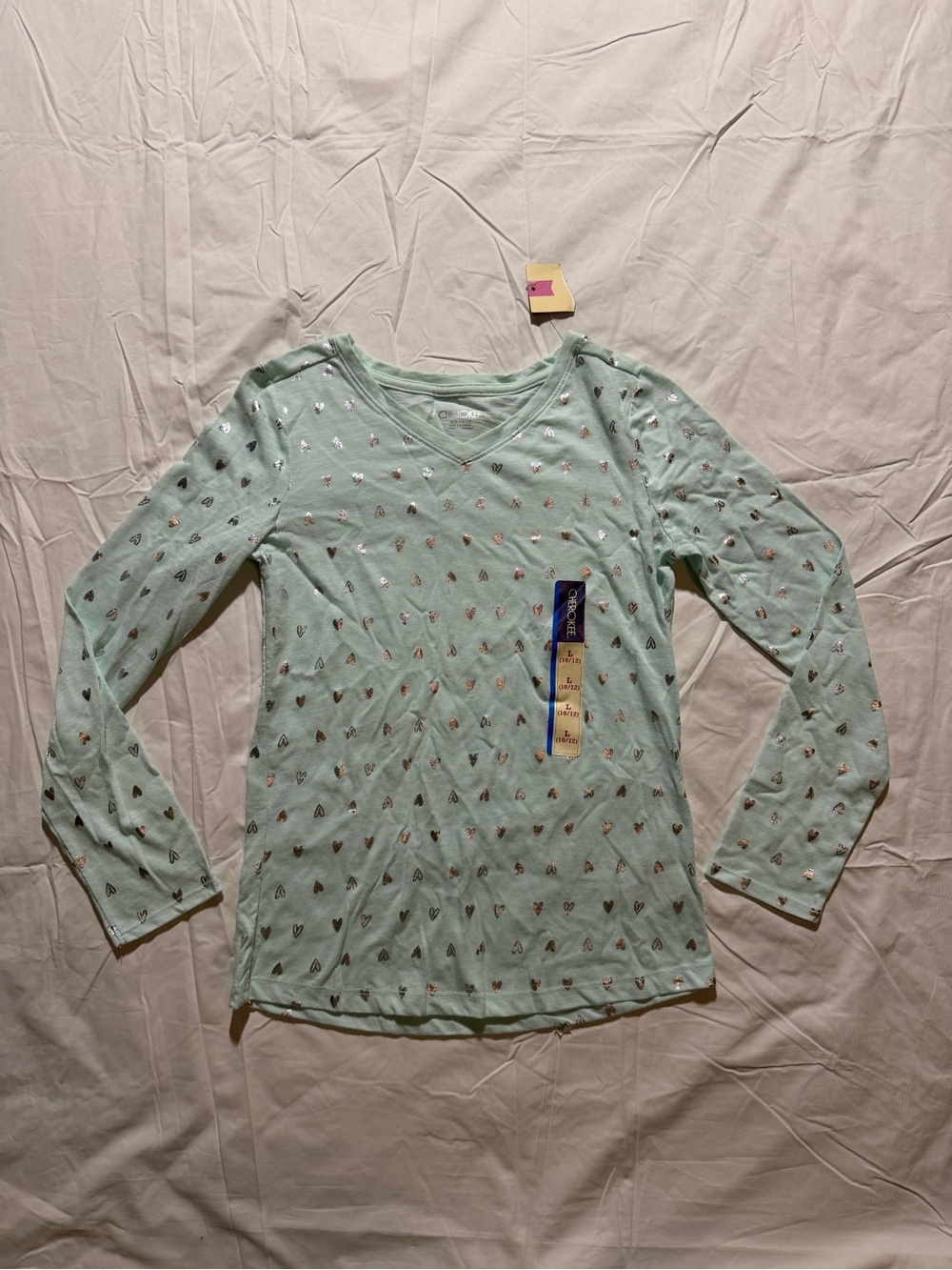 Cherokee Girls Long Sleeve T-Shirt Fitted Mint blue Heart Print Size L (10/12)